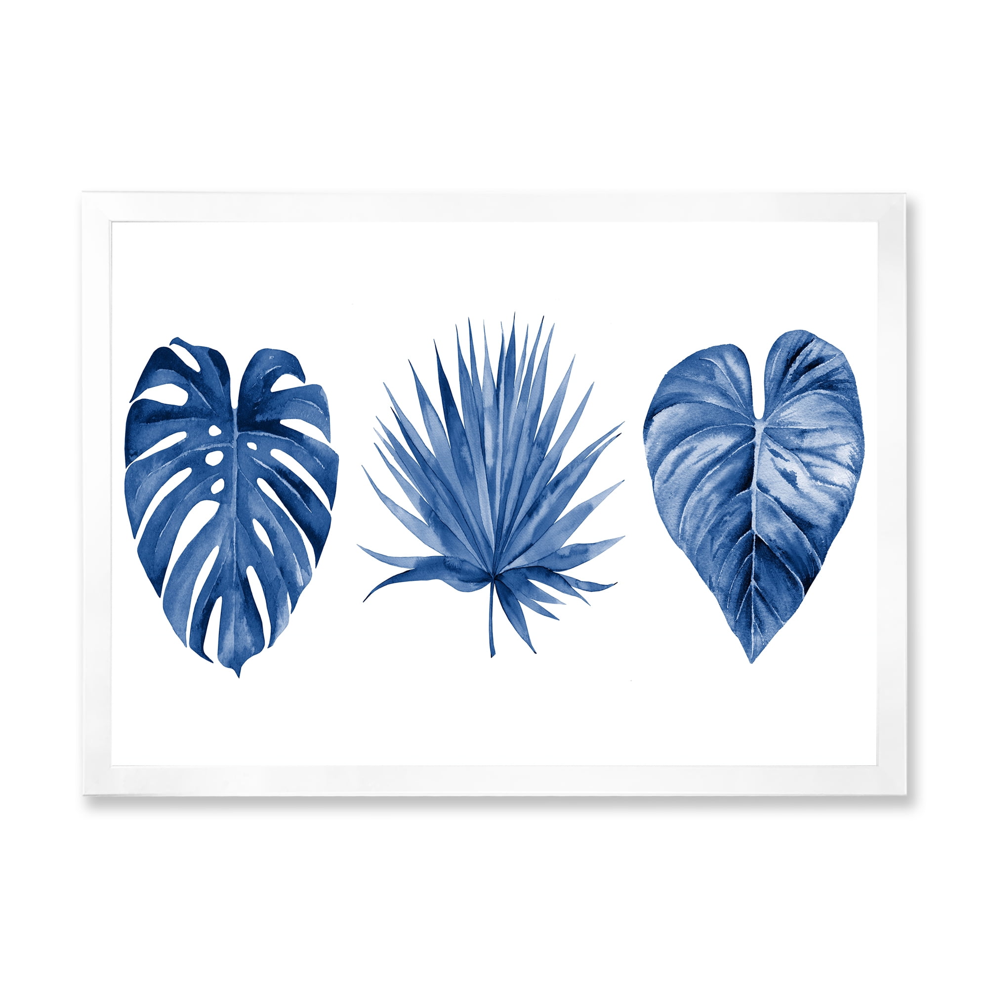 Designart 'Tropical Leaves In Classic Blue ' Tropical Framed Art Print