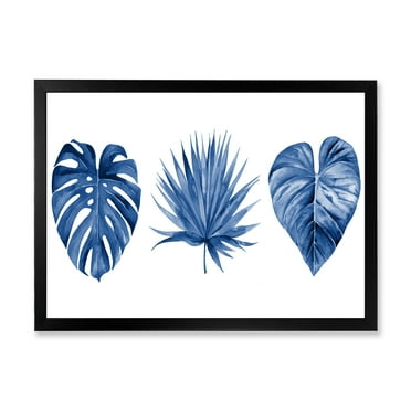 Designart 'Tropical Leaves In Classic Blue ' Tropical Framed Art Print