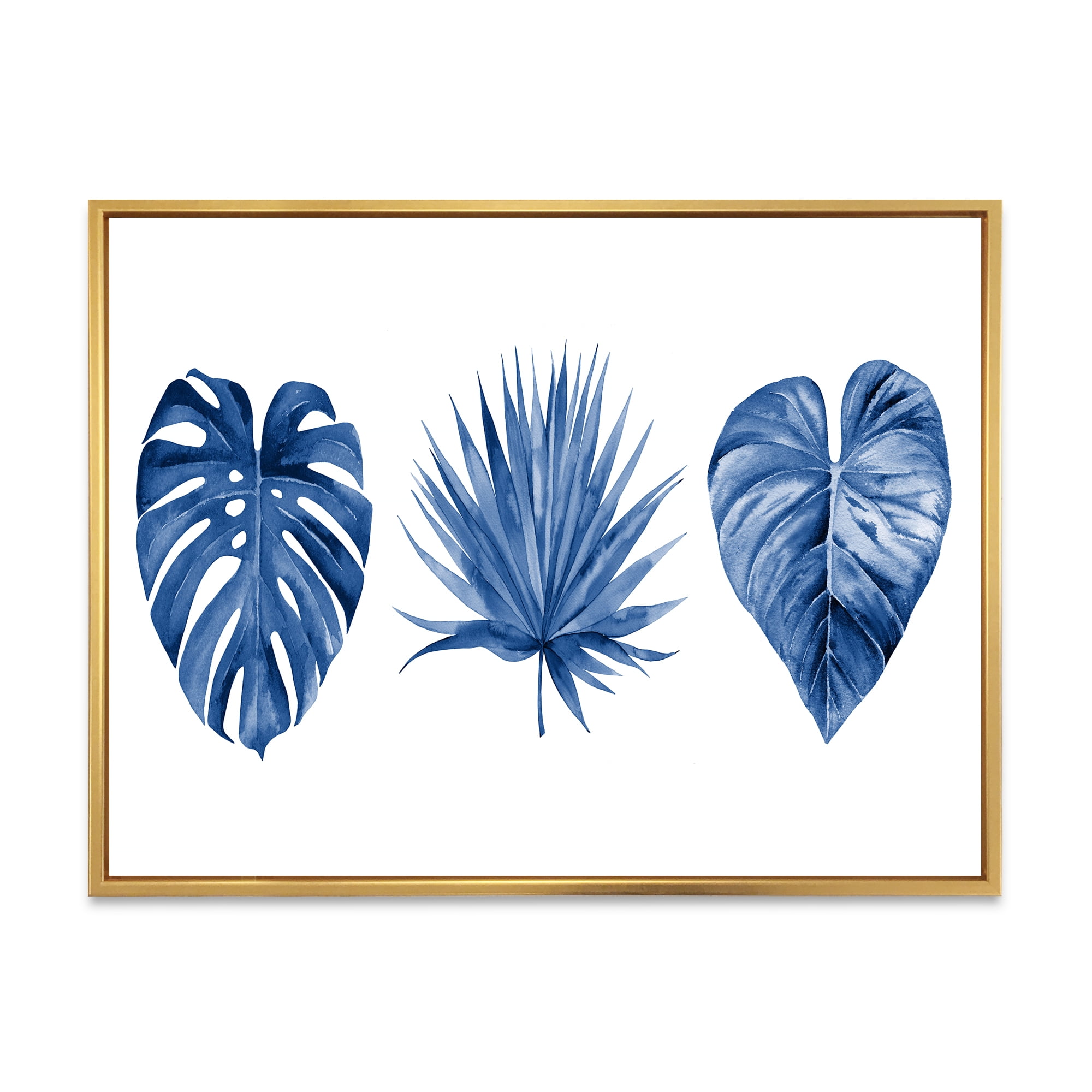 Designart 'Tropical Leaves In Classic Blue ' Tropical Framed Canvas Wall Art Print