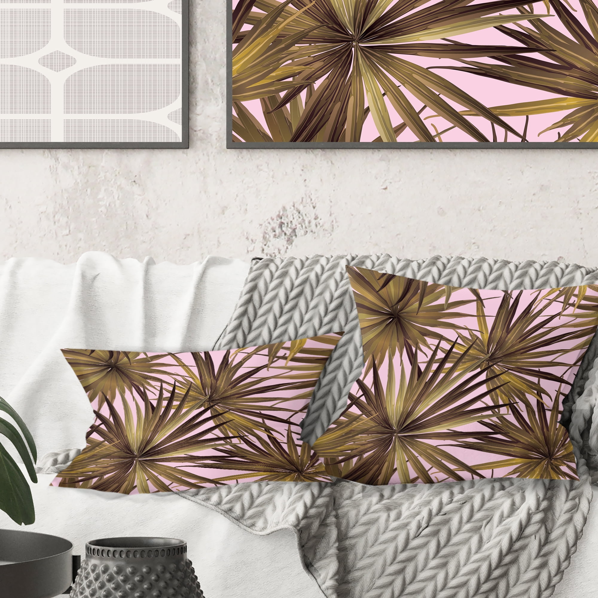 Designart Tropical Leaves On Pink' Mid-Century Modern Throw Pillow - 18x18
