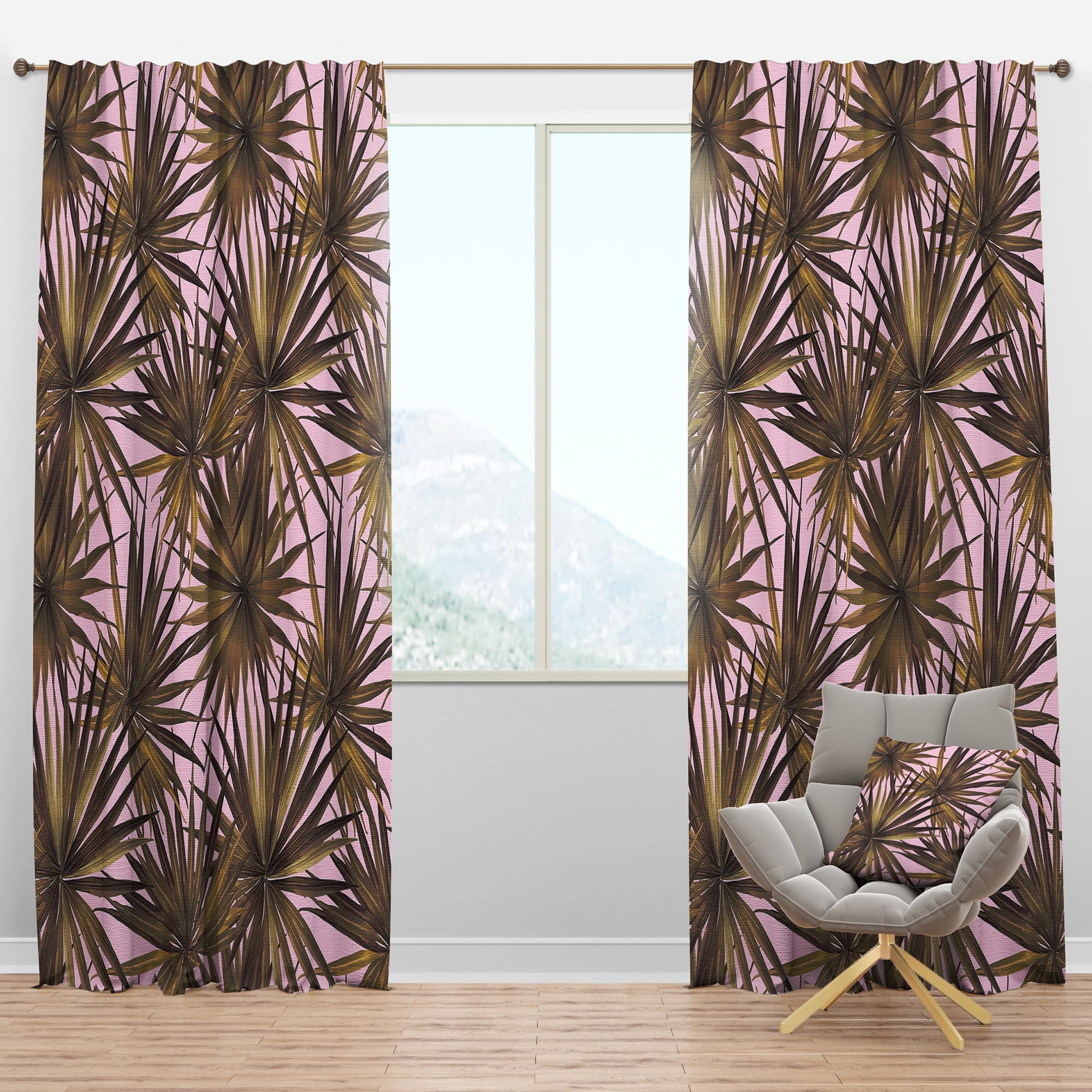Designart 'Tropical Leaves On Pink Retro' Mid-Century Modern Blackout Curtain Panel