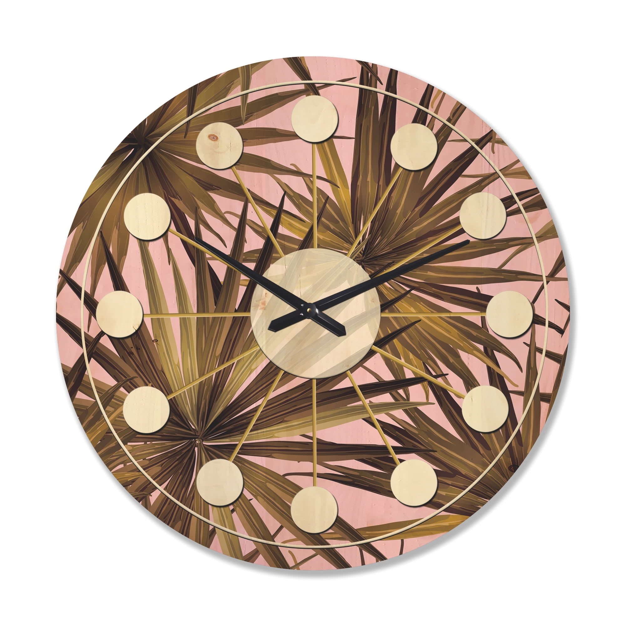 Designart 'Tropical Leaves On Pink Retro' Mid-Century Modern Wood Wall Clock