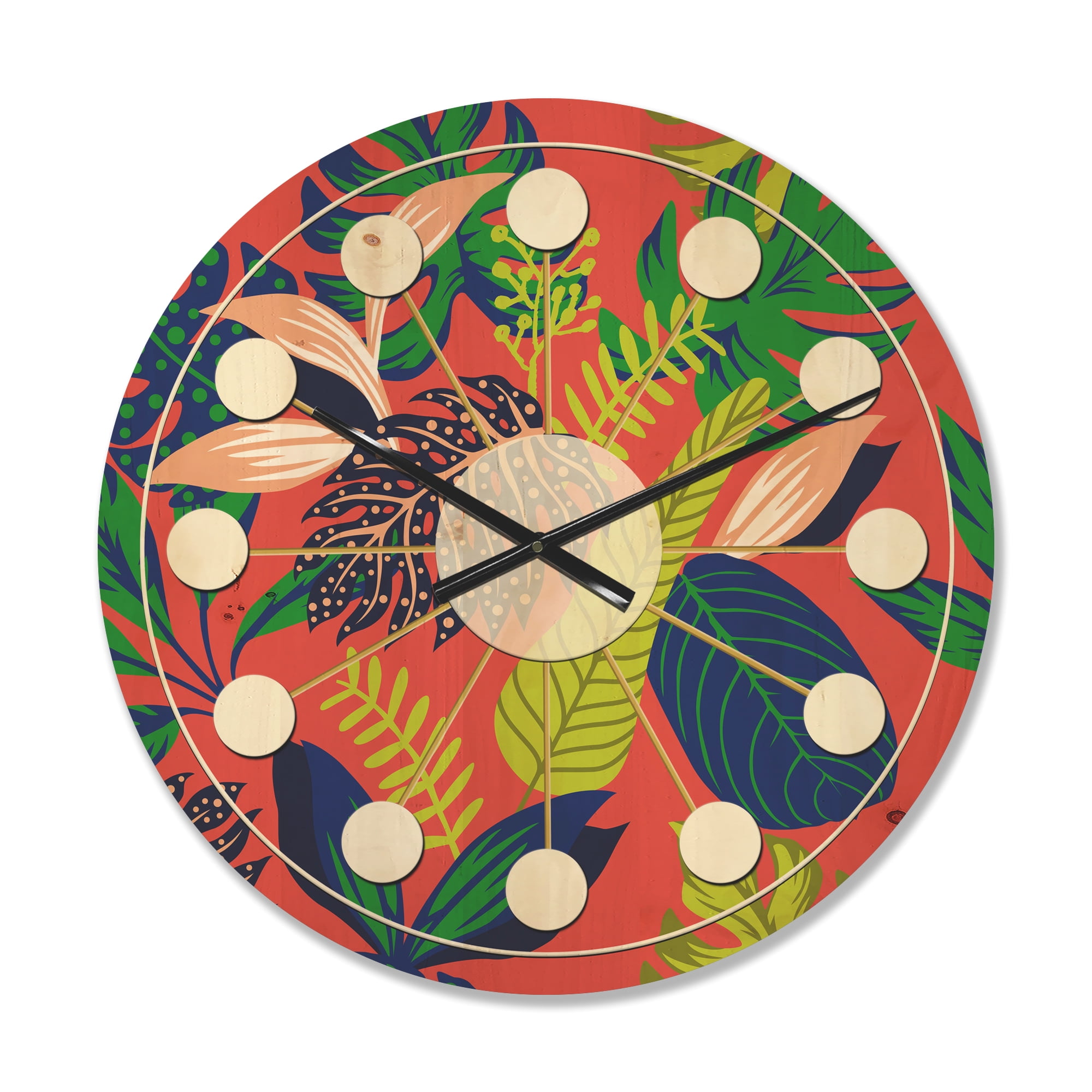 Designart 'Tropical Leaves Retro Pattern I' Mid-Century Modern Wood Wall Clock