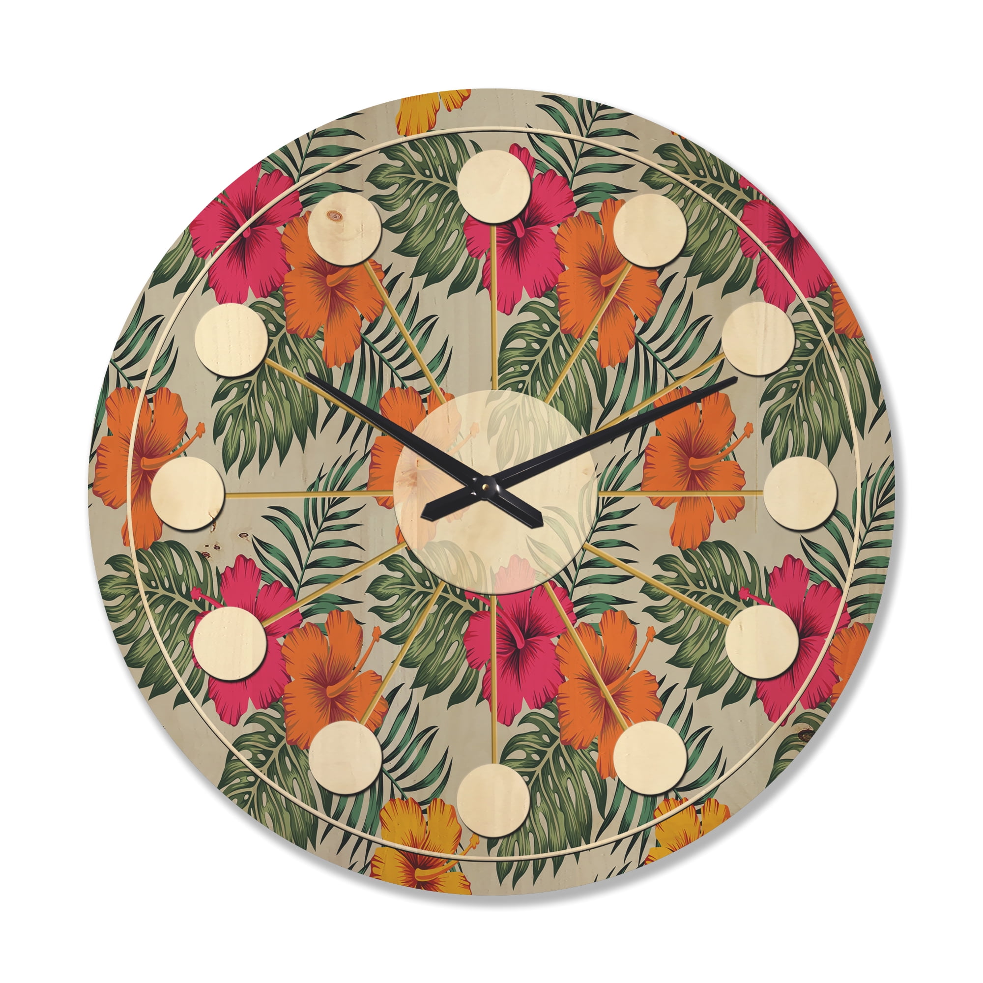 Designart 'Tropical Leaves Retro Pattern III' Mid-Century Modern Wood Wall Clock