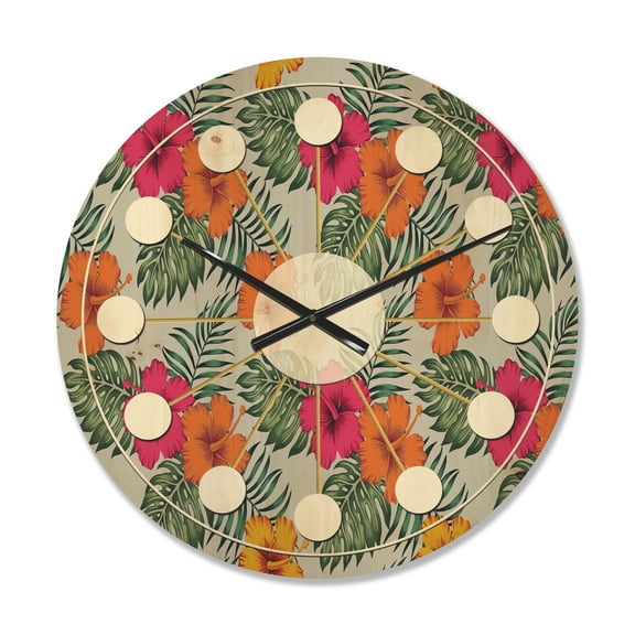 Designart 'Tropical Leaves Retro Pattern III' Mid-Century Modern Wood Wall Clock