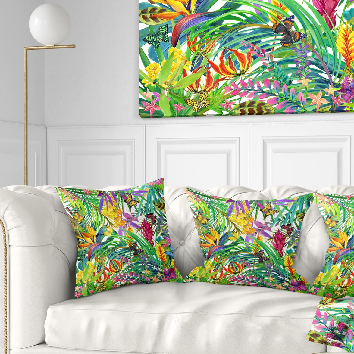 Designart Tropical Leaves and Flowers - Floral Throw Pillow - 18x18