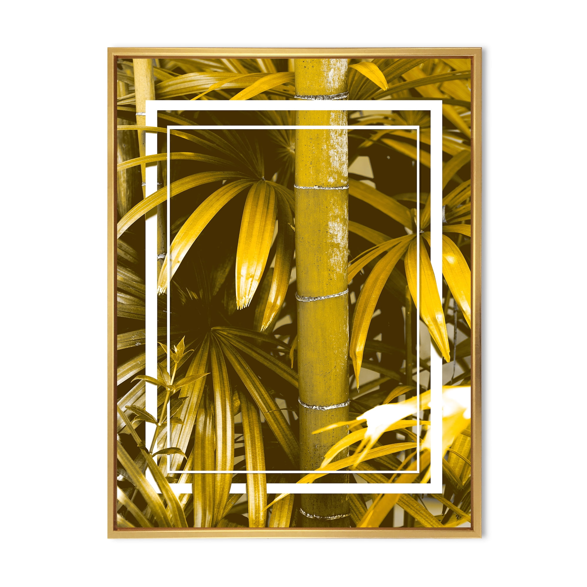 Designart 'Tropical Leaves and Yellow Bamboo' Tropical Framed Canvas Wall Art Print