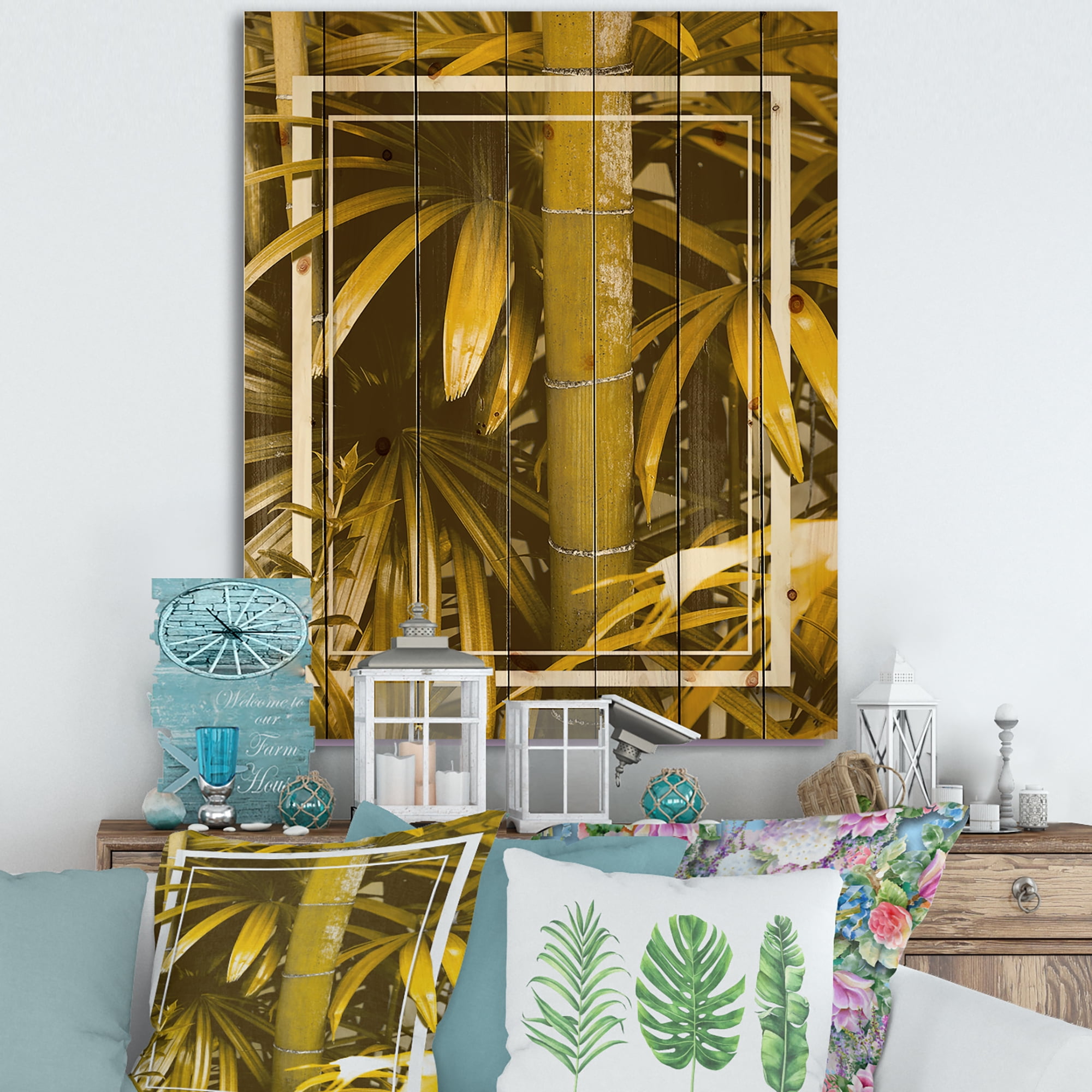 Designart 'Tropical Leaves and Yellow Bamboo' Tropical Print on Natural Pine Wood
