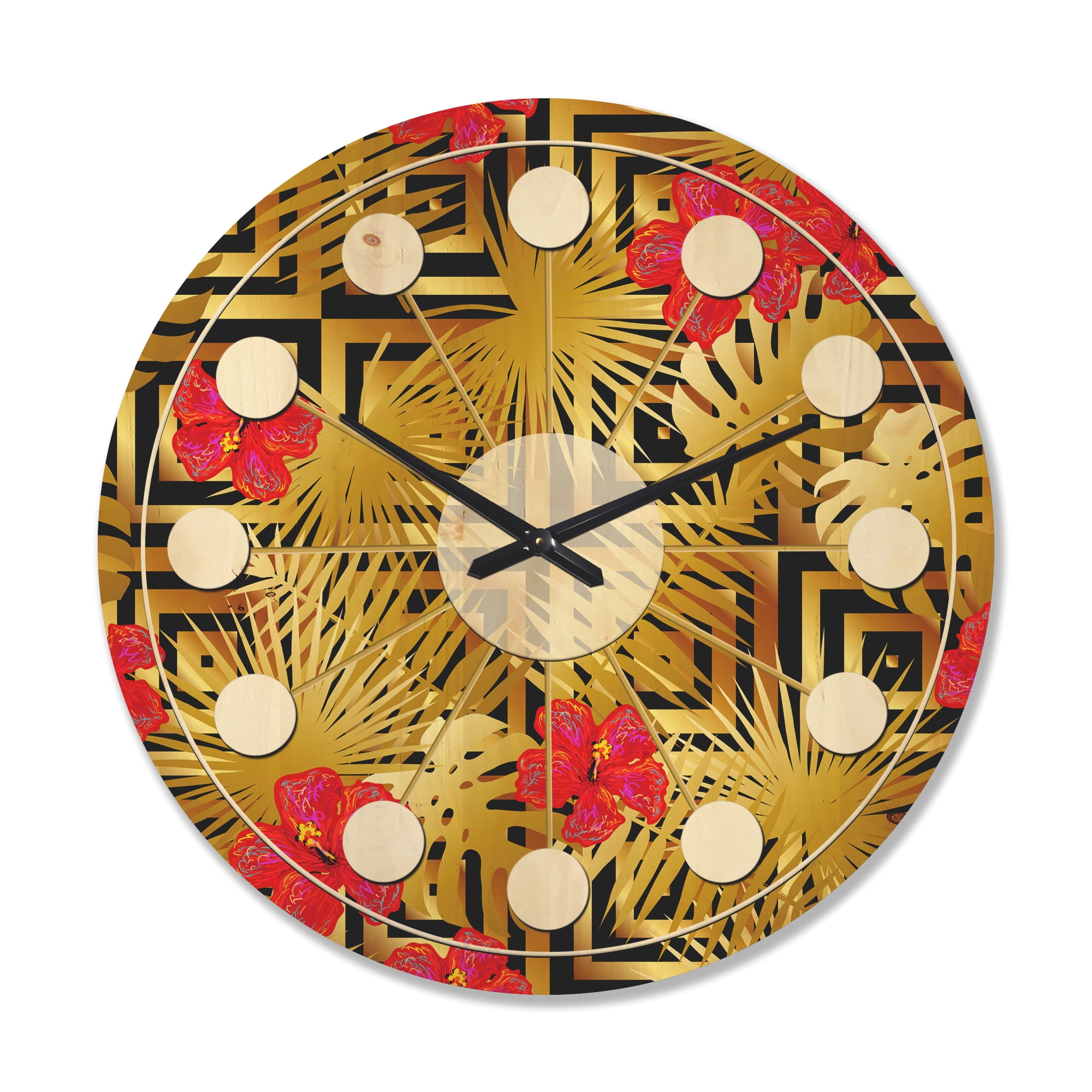 Designart 'Tropical Luxury Gold Pattern I' Mid-Century Modern Wood Wall Clock