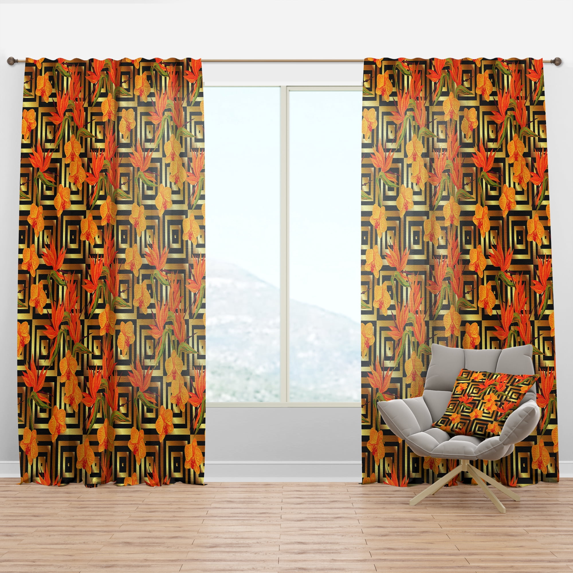 Designart 'Tropical Luxury Gold Pattern II' Mid-Century Modern Curtain Panel
