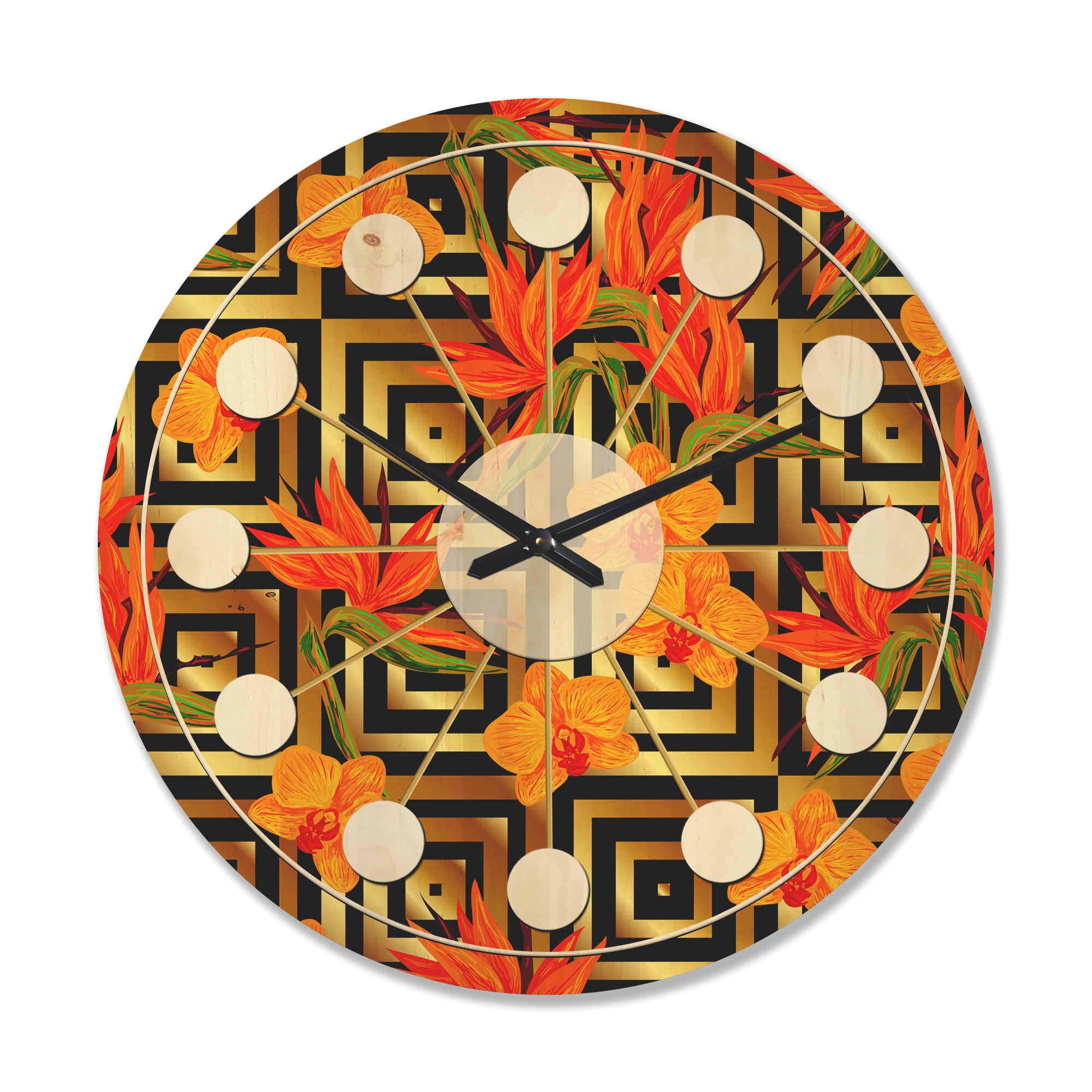 Designart 'Tropical Luxury Gold Pattern II' Mid-Century Modern Wood Wall Clock
