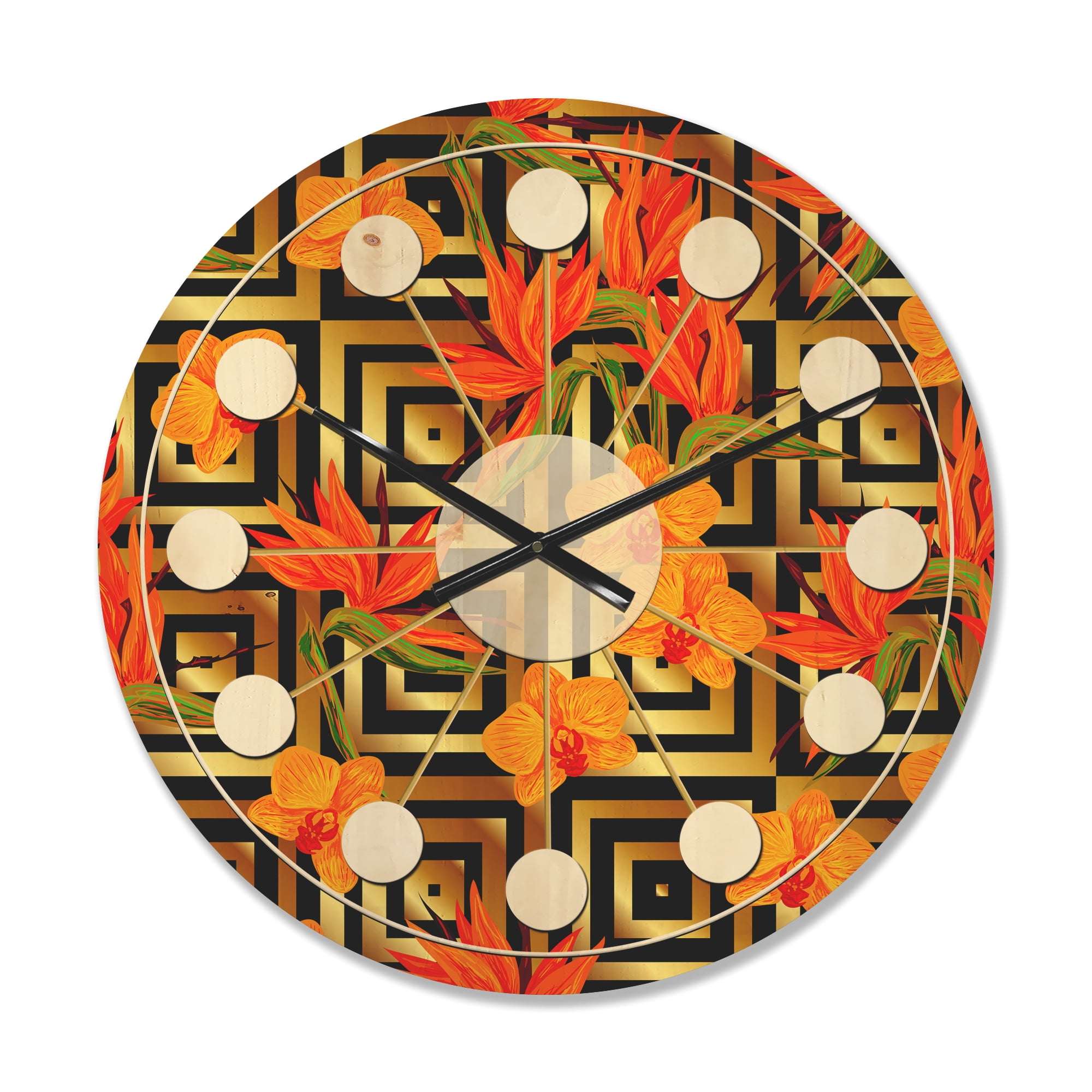 Designart 'Tropical Luxury Gold Pattern II' Mid-Century Modern Wood Wall Clock