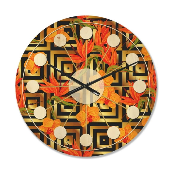 Designart 'Tropical Luxury Gold Pattern II' Mid-Century Modern Wood Wall Clock