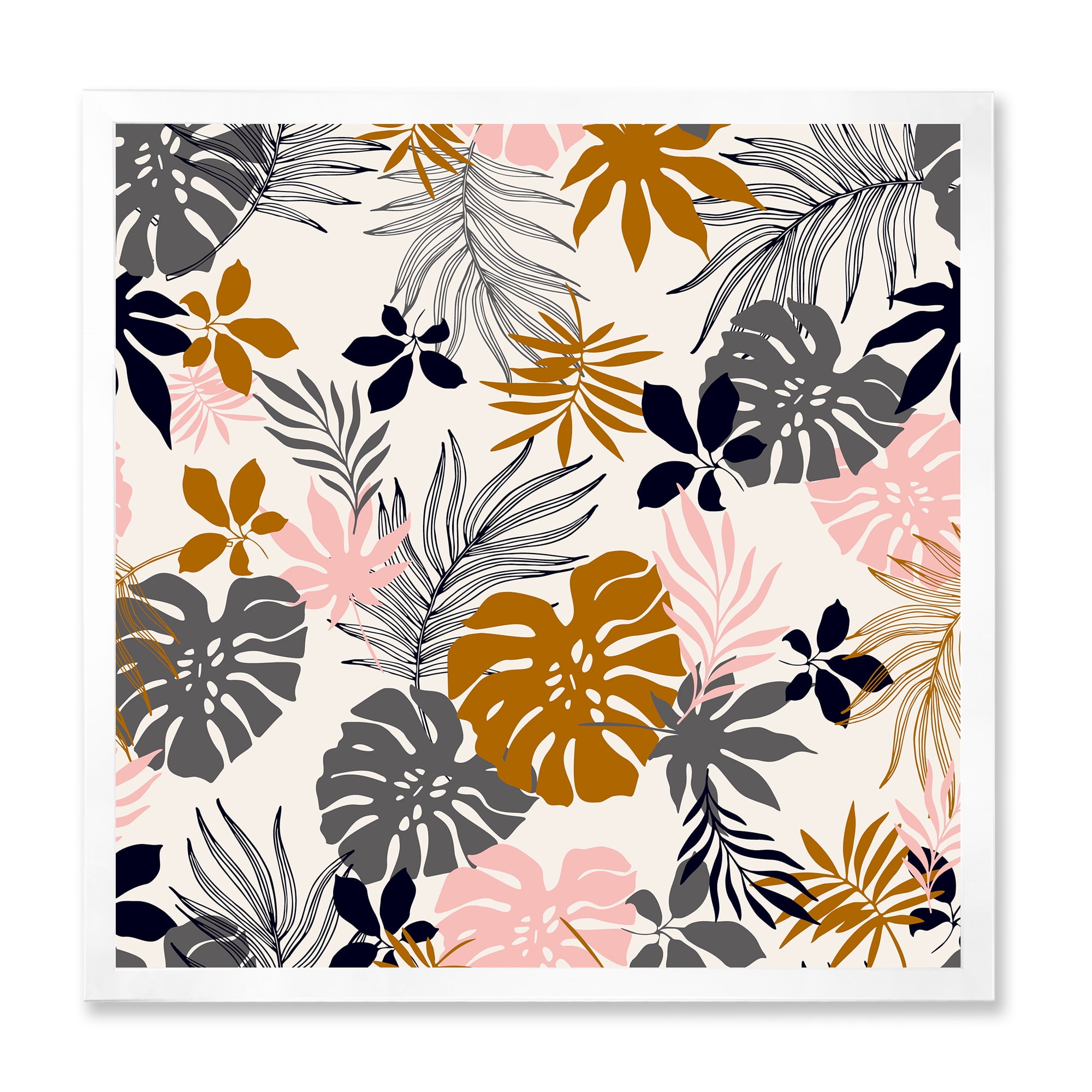 Designart 'Tropical Naturepalm Monstera Leaves In Silhouette On White' Traditional Framed Art Print