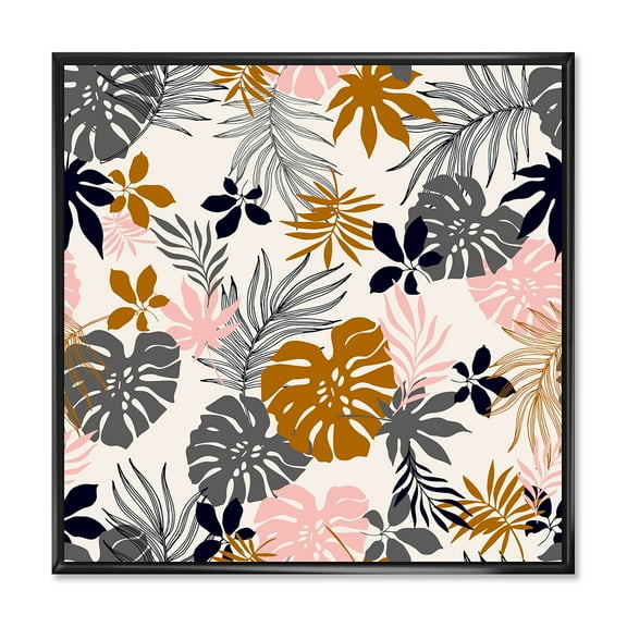 Designart 'Tropical Naturepalm Monstera Leaves In Silhouette On White' Traditional Framed Canvas Wall Art Print