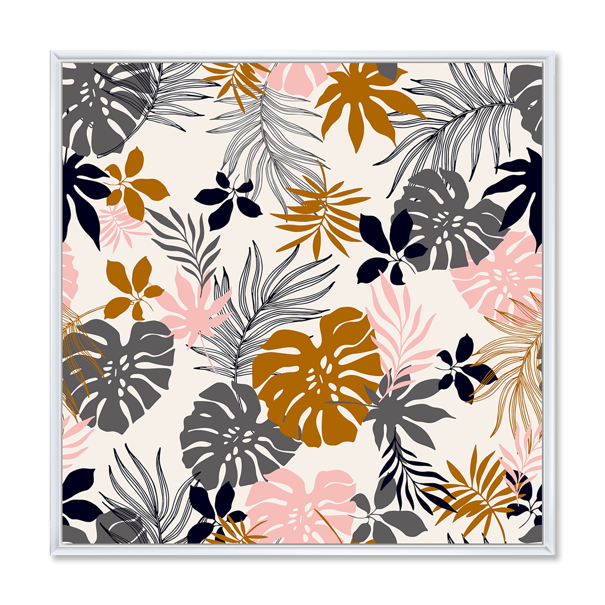 Designart 'Tropical Naturepalm Monstera Leaves In Silhouette On White' Traditional Framed Canvas Wall Art Print