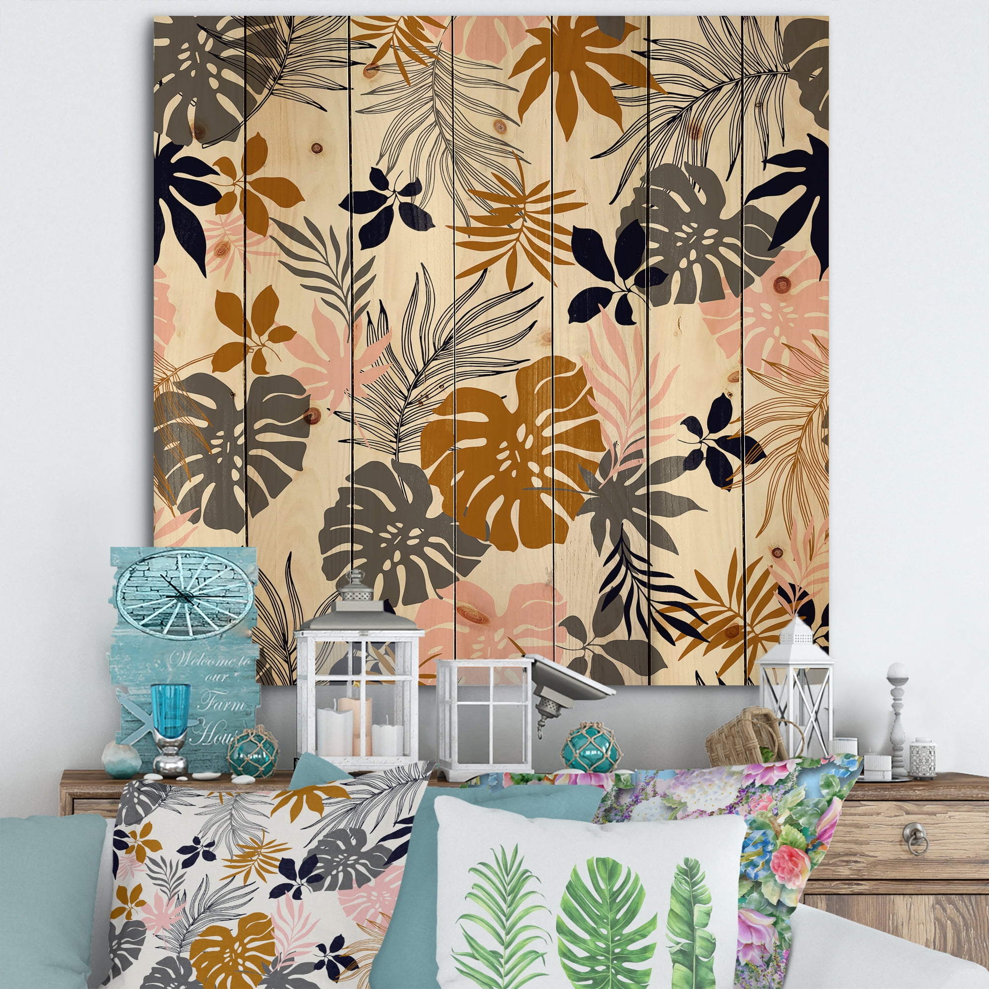 Designart 'Tropical Naturepalm Monstera Leaves In Silhouette On White' Traditional Print on Natural Pine Wood
