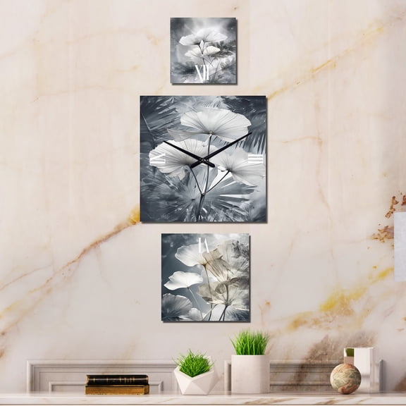 Designart "Tropical Palm Art For Ginkgo III" Palms & Palm Trees Oversized Wall Clock - Set Of 3 - Multipanel Clock For Living Room Décor - Large Traditional Wall Clock