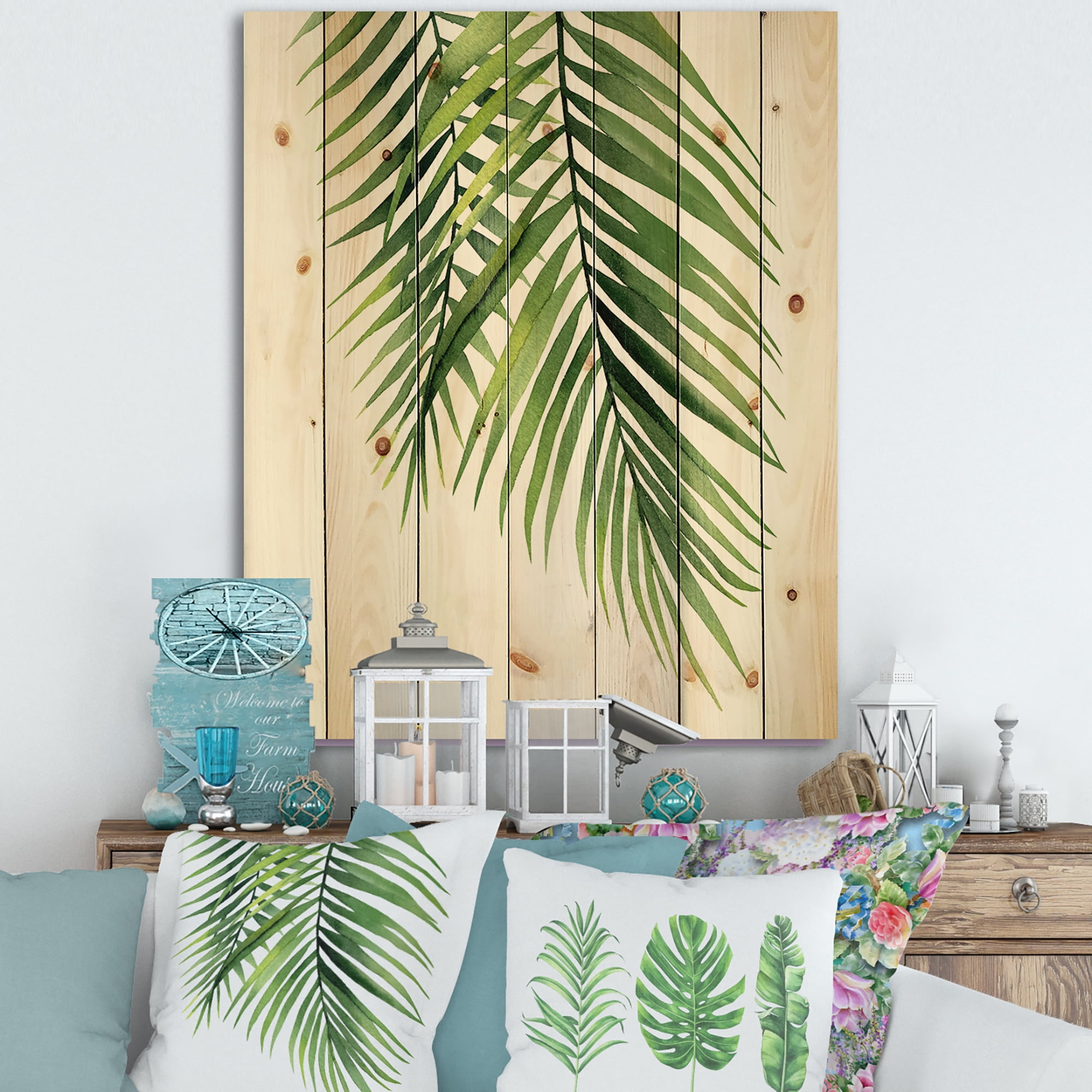 Designart 'Tropical Palm Branches' Tropical Print on Natural Pine Wood