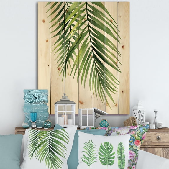 Designart 'Tropical Palm Branches' Tropical Print on Natural Pine Wood