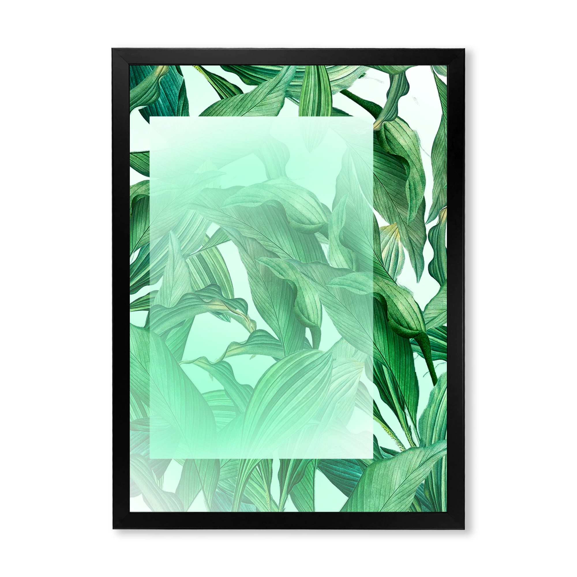 Designart 'Tropical Palm Green Leaves Under White Rectangle' Nautical & Coastal Framed Art Print