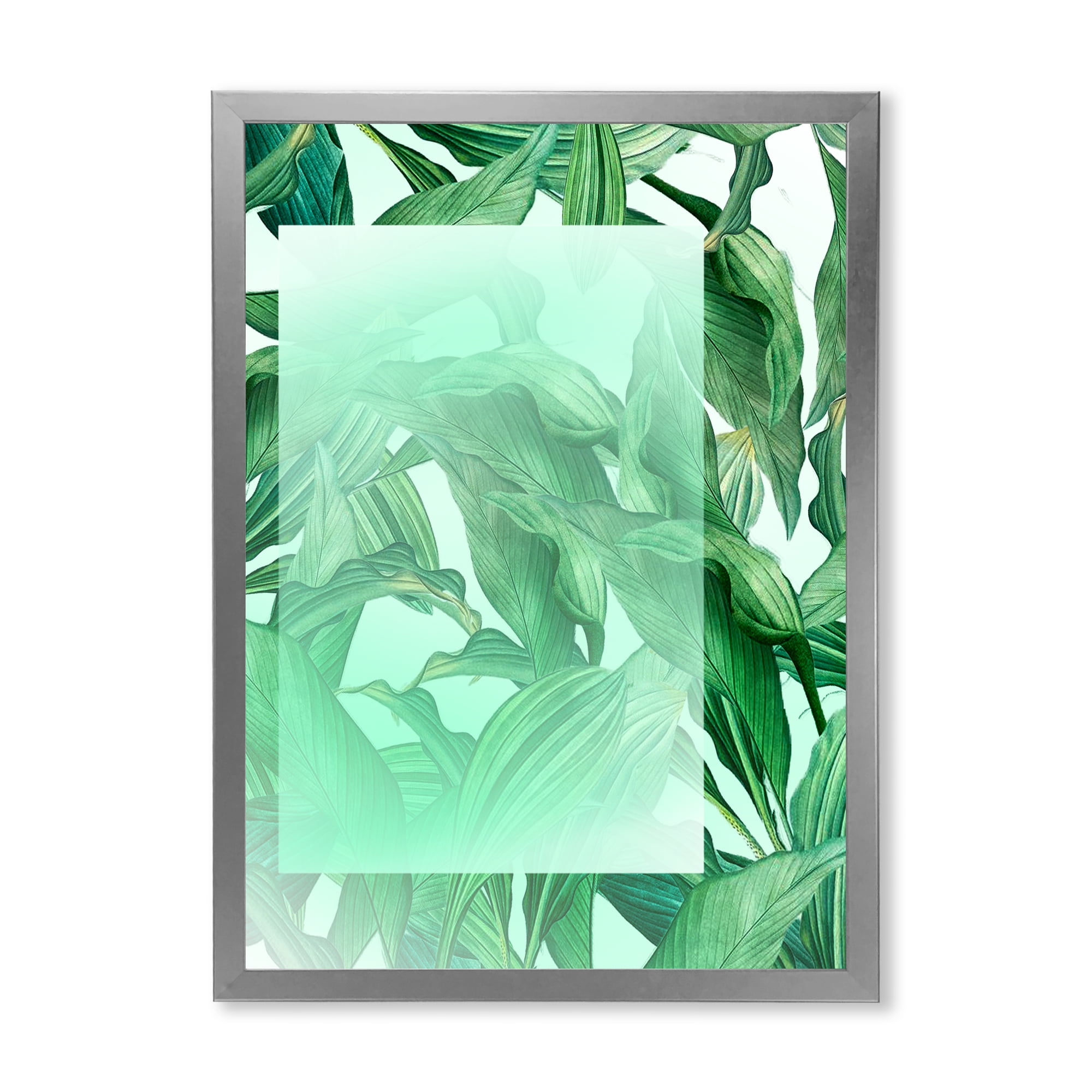 Designart 'Tropical Palm Green Leaves Under White Rectangle' Nautical & Coastal Framed Art Print