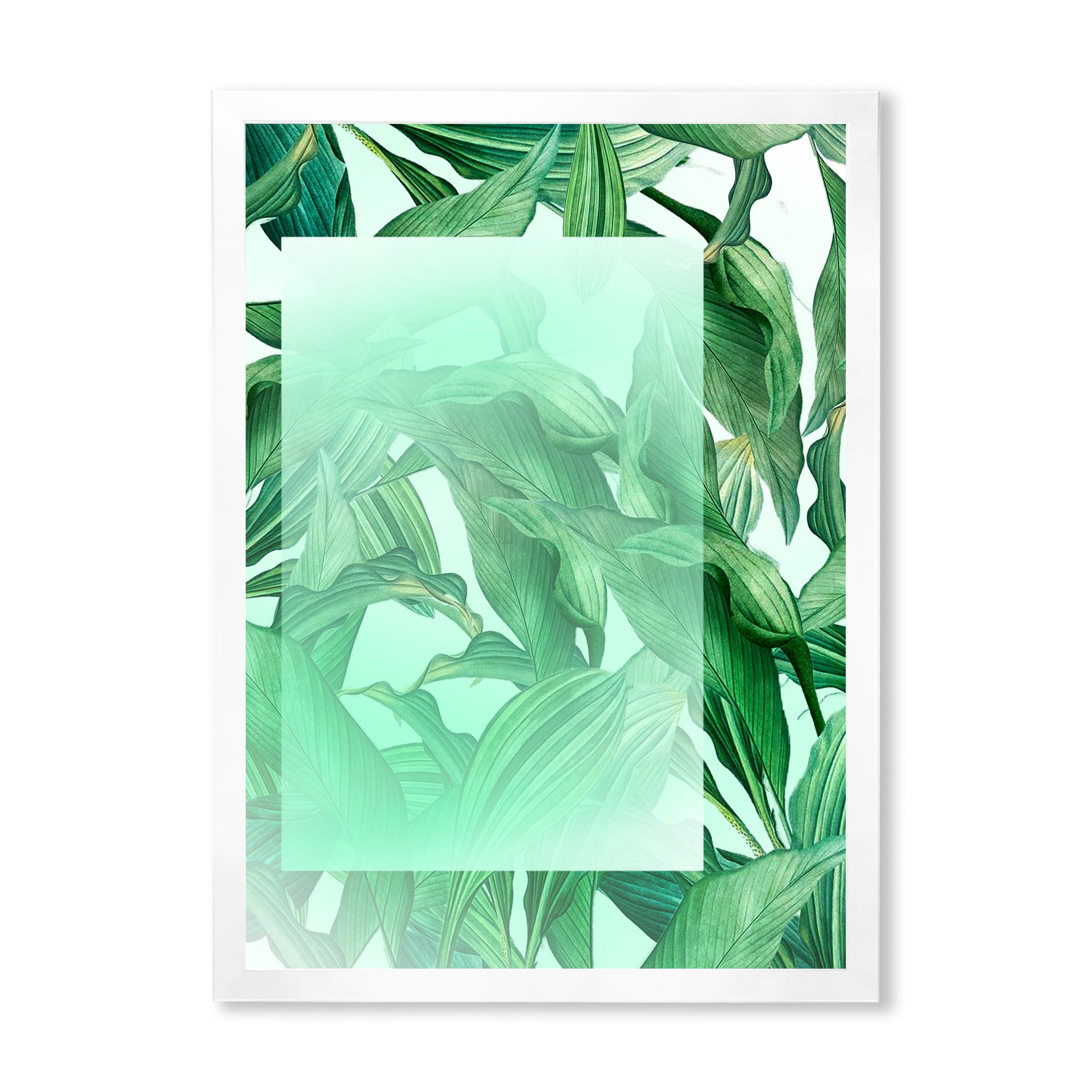 Designart 'Tropical Palm Green Leaves Under White Rectangle' Nautical & Coastal Framed Art Print