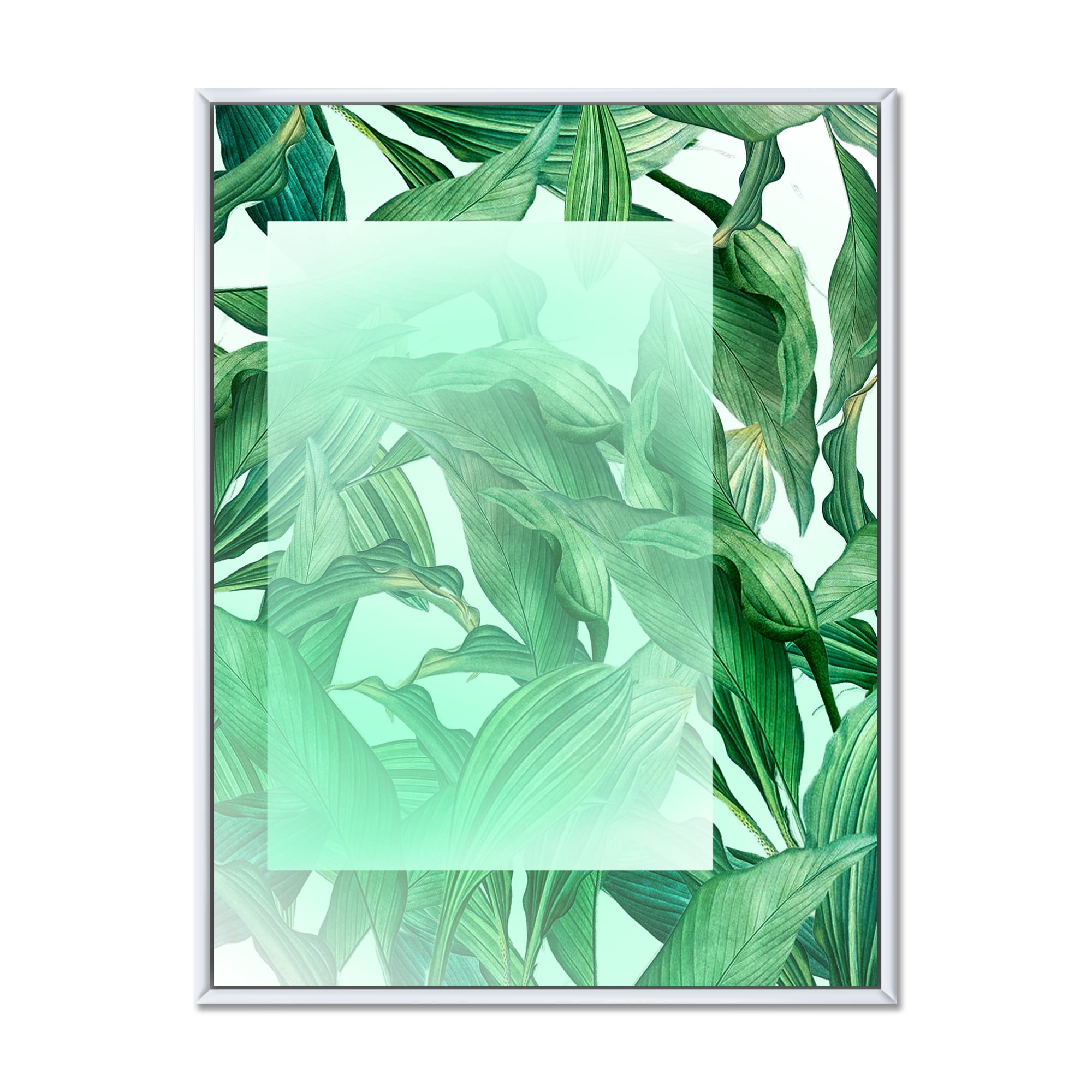 Designart 'Tropical Palm Green Leaves Under White Rectangle' Nautical & Coastal Framed Canvas Wall Art Print