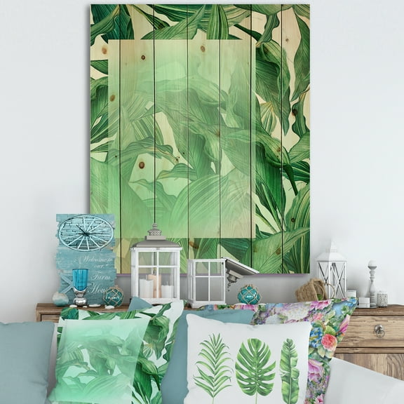 Designart 'Tropical Palm Green Leaves Under White Rectangle' Nautical & Coastal Print on Natural Pine Wood