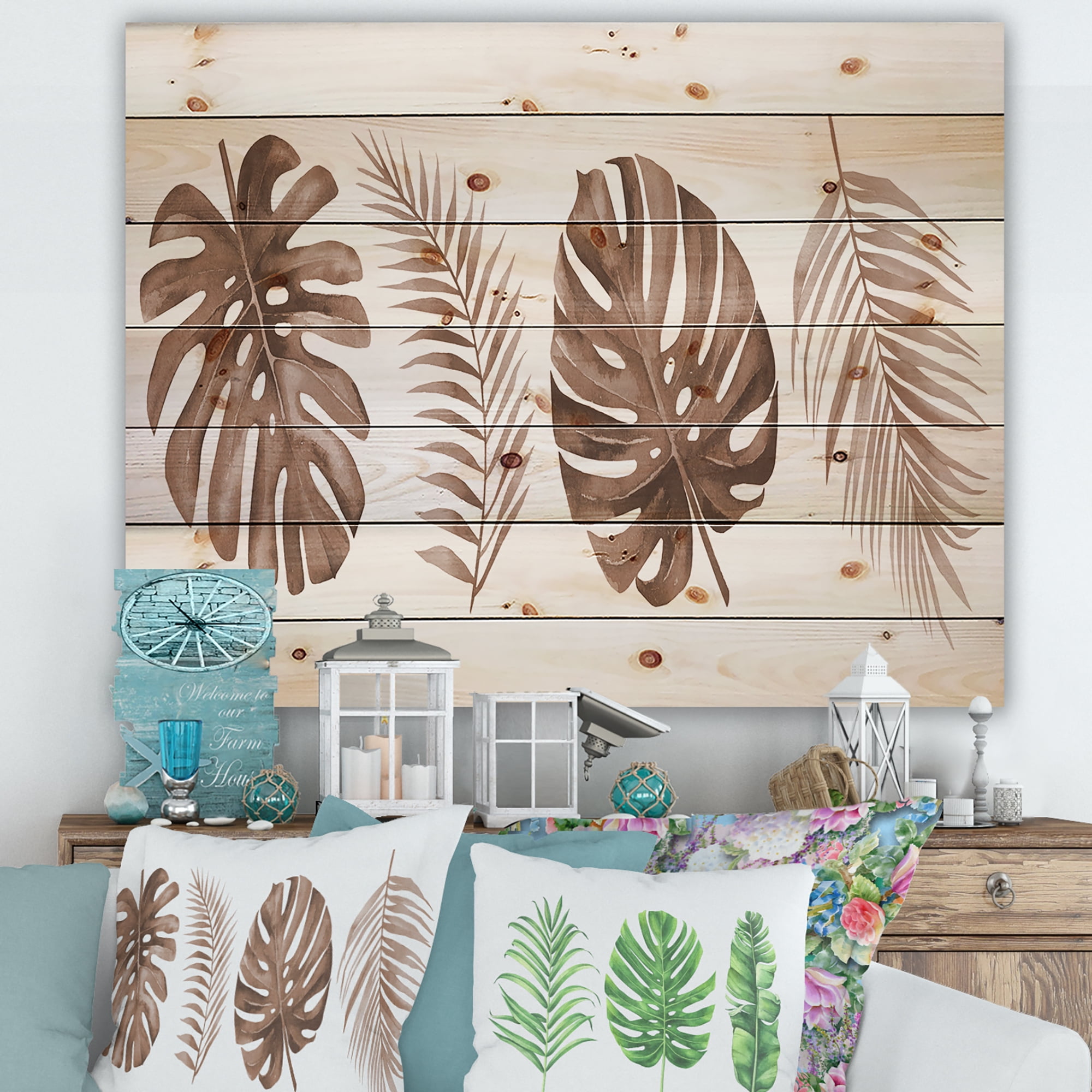Natural Pine Wood Wall Art with Tropical Palm and Monstera Leaf Print