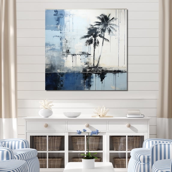 Designart "Tropical Palms: Blue & Grey Collage" Coastal Canvas Art Print