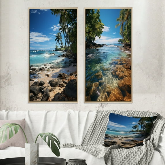 Designart "Tropical Paradise Beach Photo VI" Coastal Beach Framed Wall Art Set Of 2 - Turquoise Beach Framed Canvas Set For Living Room Decor