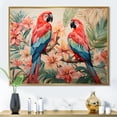 thumbnail image 1 of Designart "Tropical Parrot Pink and Blue Blooms I" Animals Framed Wall Art - Modern Pink Parrot Entryway Framed Wall Art Print, 1 of 6