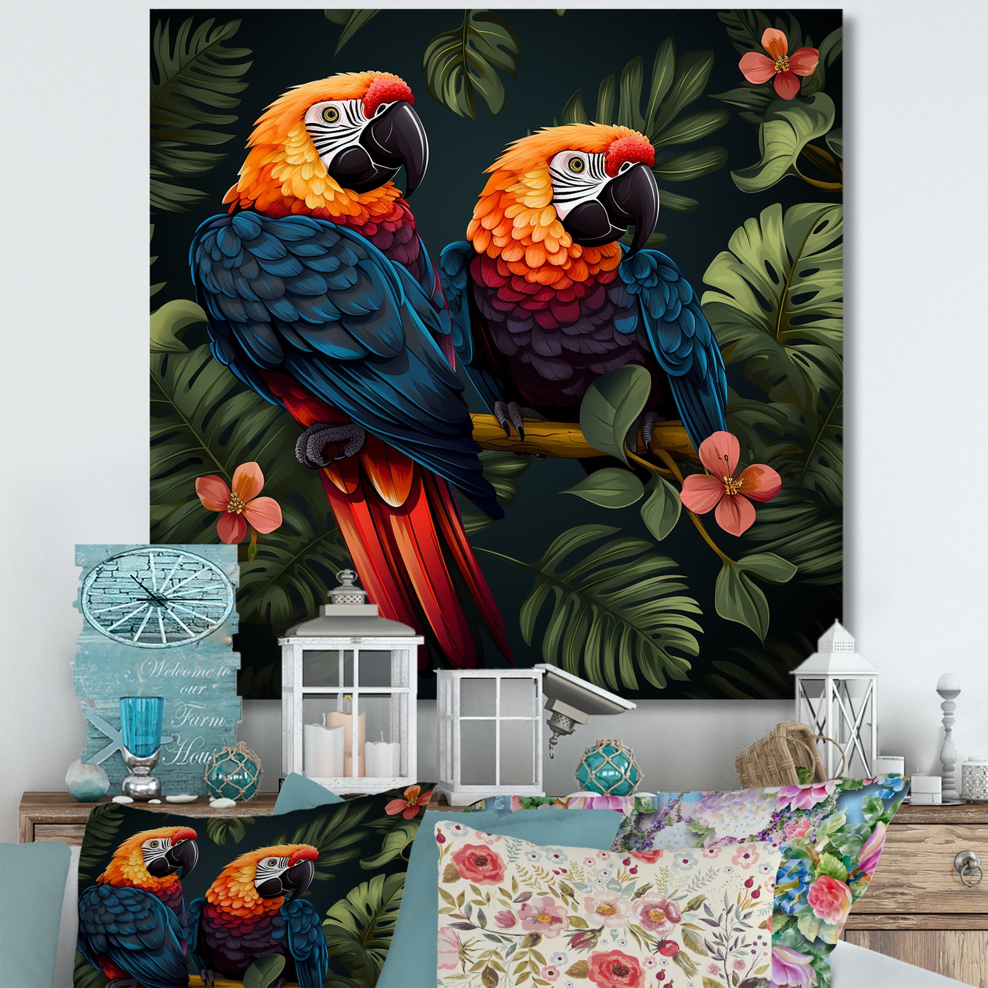 Tropical Parrots Orange and Green Canvas Wall Art, 16" x 16"