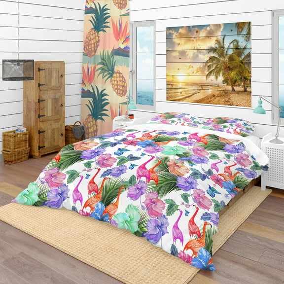 Designart 'Tropical Pattern with Flamingos' Tropical Duvet Cover Set
