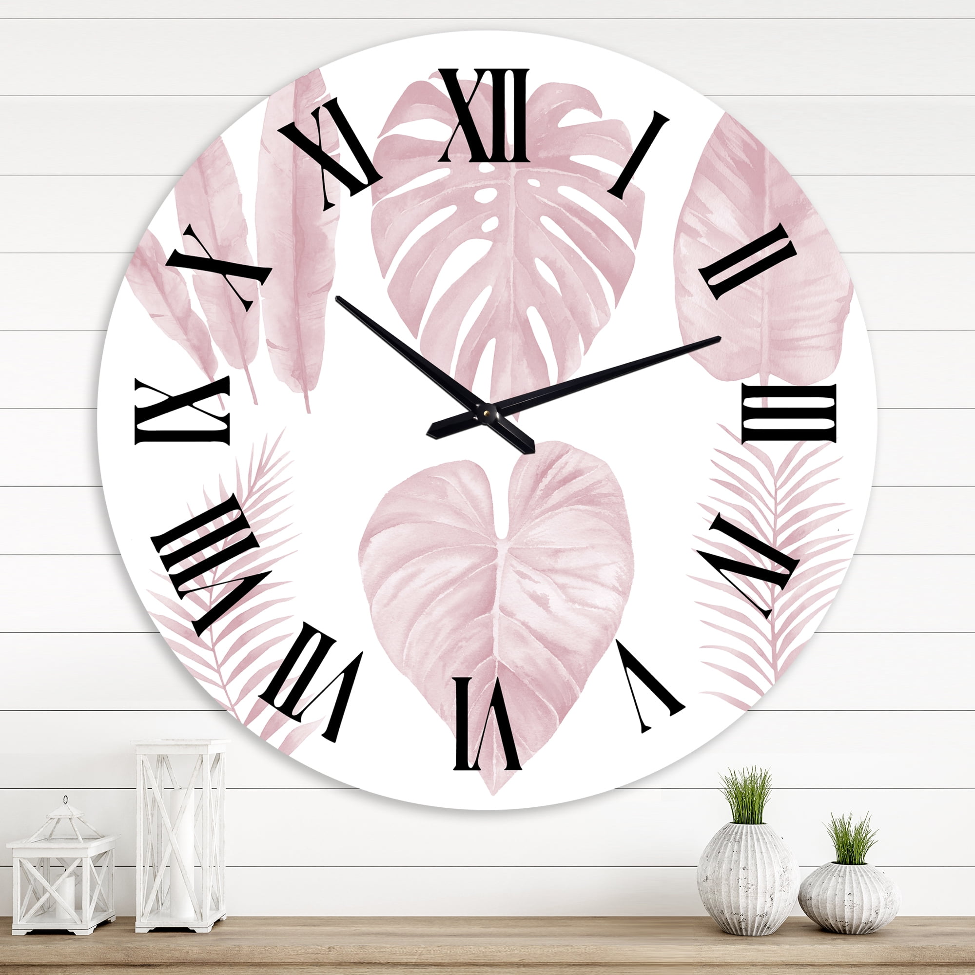 Designart Tropical Pink Watercolour Leaves 1 in Wall Clock
