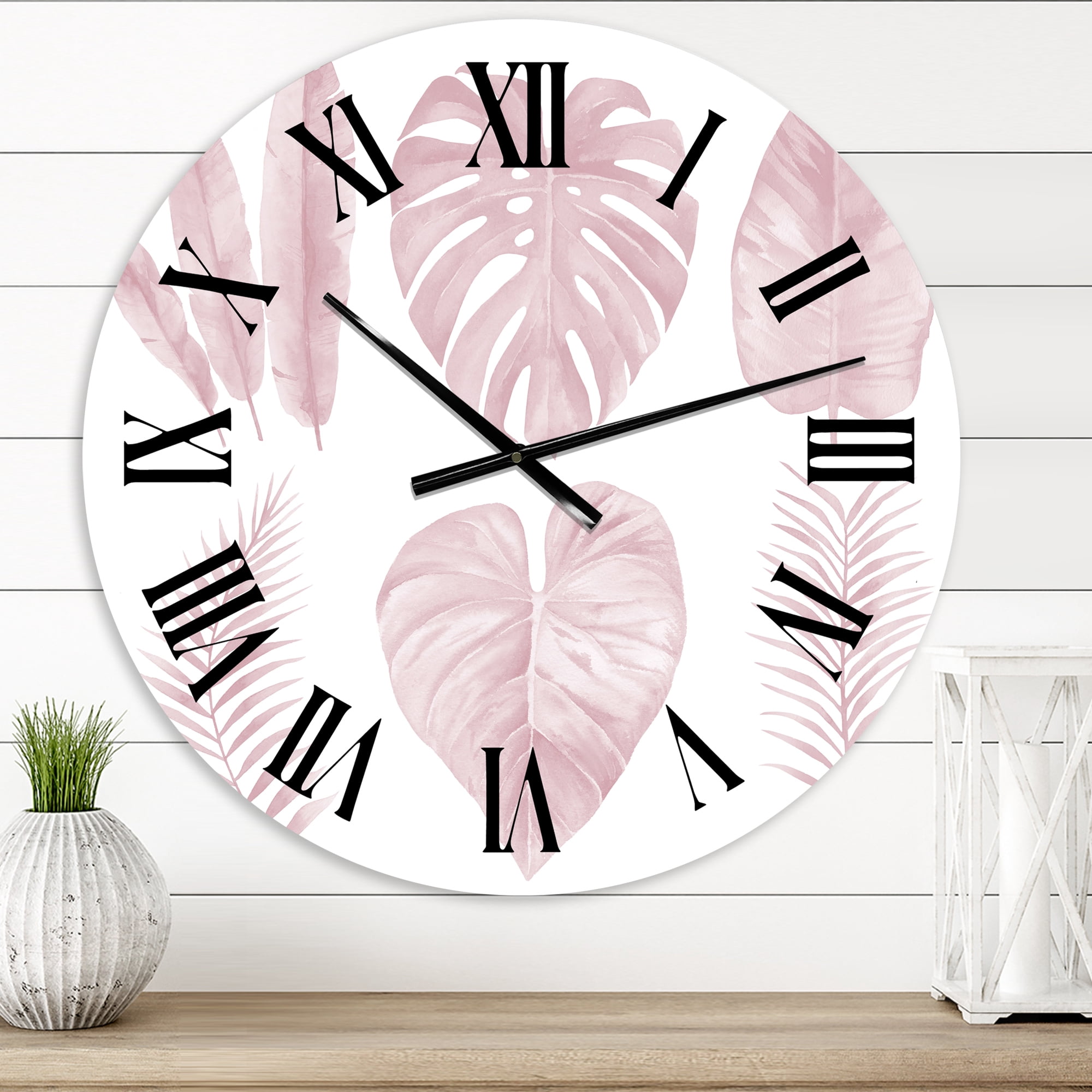 Designart 'Tropical Pink Watercolour Leaves I' Shabby Chic Wall Clock