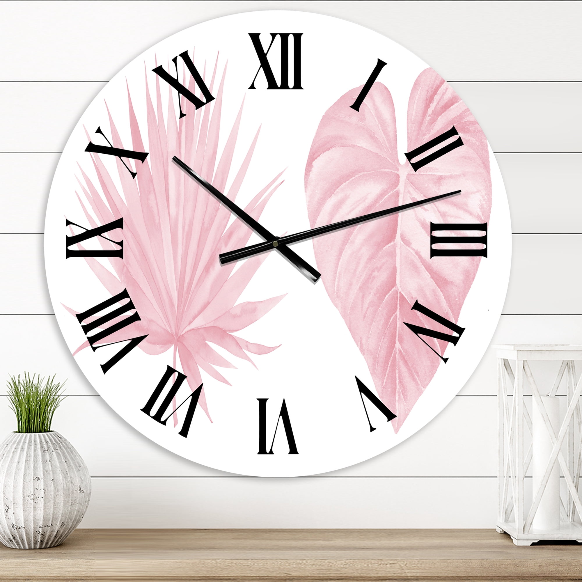 Designart 'Tropical Pink Watercolour Leaves Ii' Shabby Chic Wall Clock