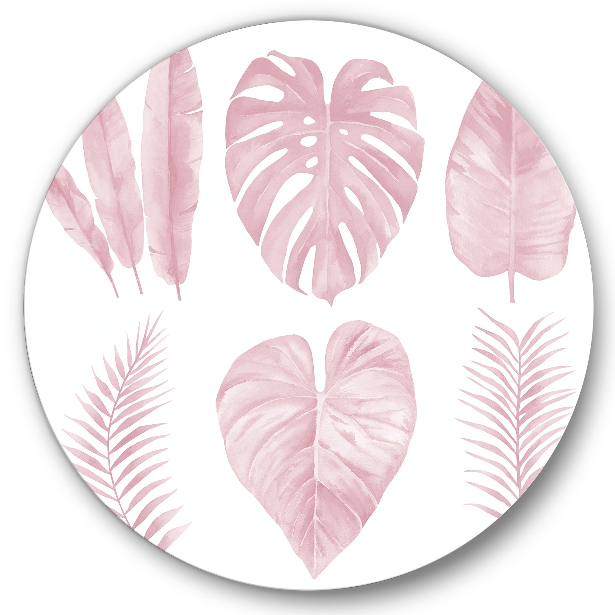Designart 'Tropical Pink Watercolour Leaves On White I' Shabby Chic Circle Metal Wall Art 23x23 - Disc of 23
