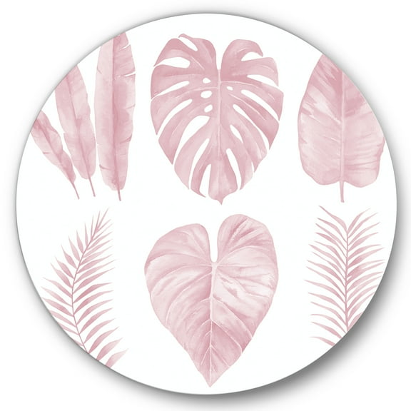Designart 'Tropical Pink Watercolour Leaves On White I' Shabby Chic Circle Metal Wall Art 36x36 - Disc of 36