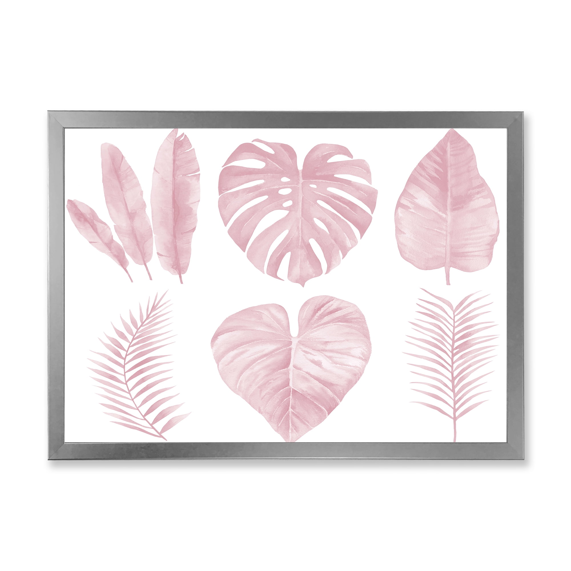 Designart 'Tropical Pink Watercolour Leaves On White I' Shabby Chic Framed Art Print