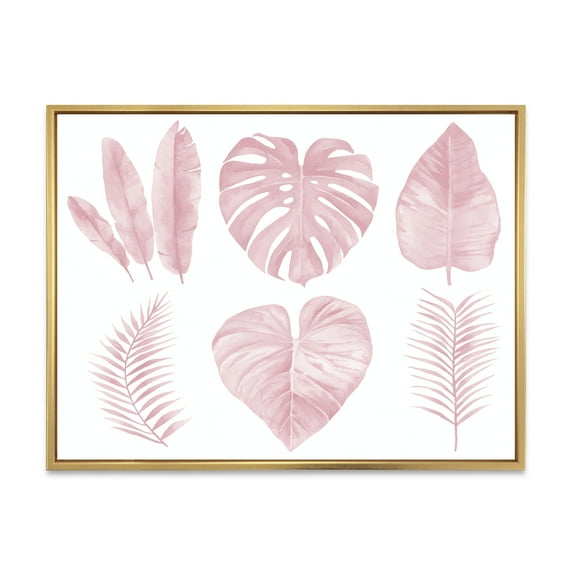 Designart 'Tropical Pink Watercolour Leaves On White I' Shabby Chic Framed Canvas Wall Art Print