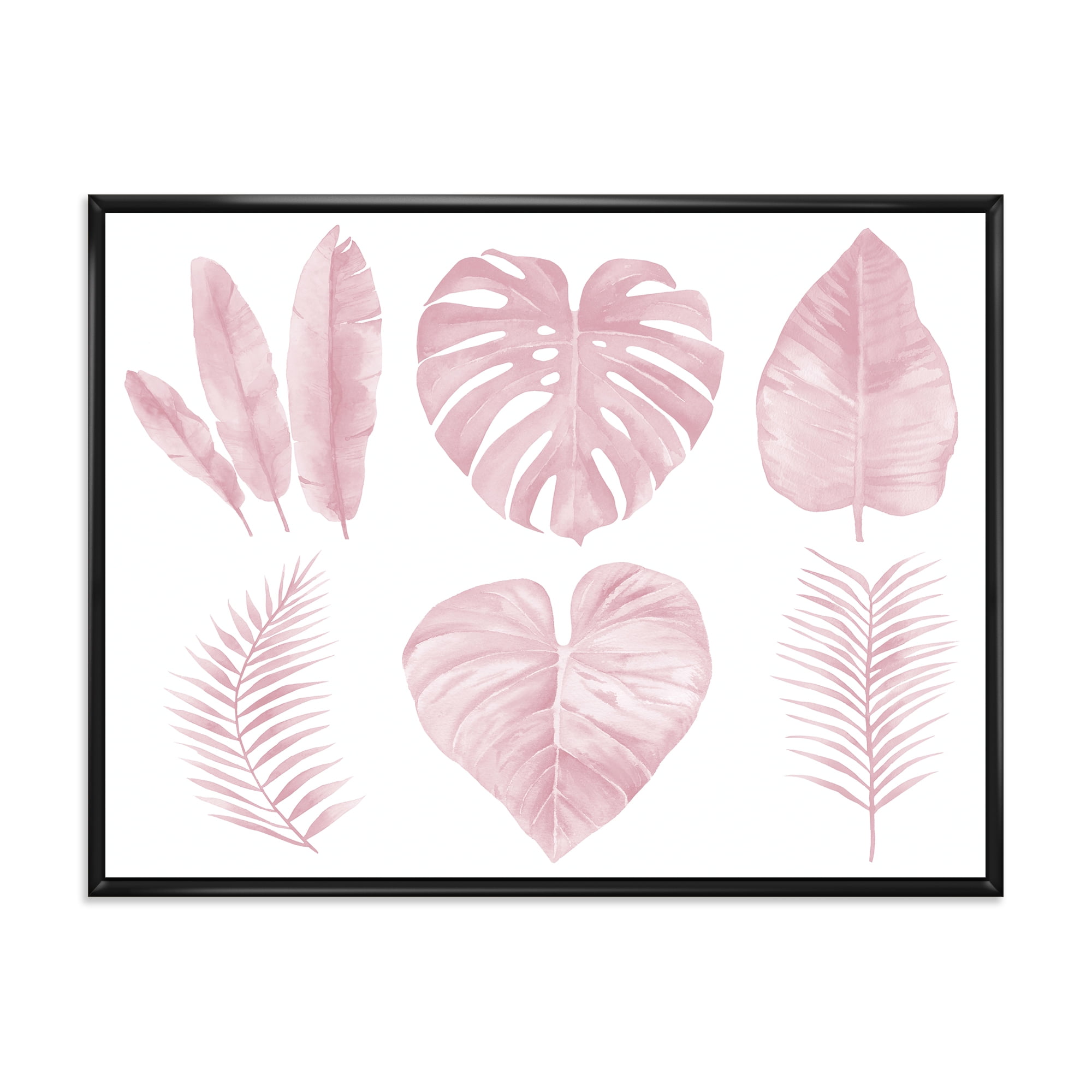 Designart 'Tropical Pink Watercolour Leaves On White I' Shabby Chic Framed Canvas Wall Art Print