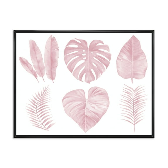 Designart 'Tropical Pink Watercolour Leaves On White I' Shabby Chic Framed Canvas Wall Art Print