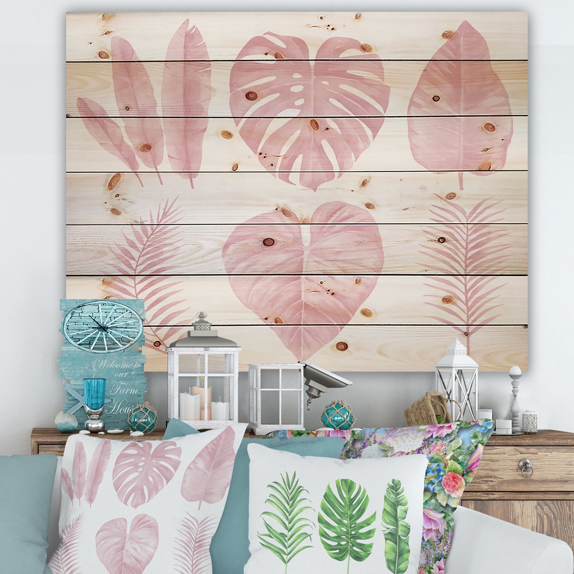 Designart 'Tropical Pink Watercolour Leaves On White I' Shabby Chic Print on Natural Pine Wood