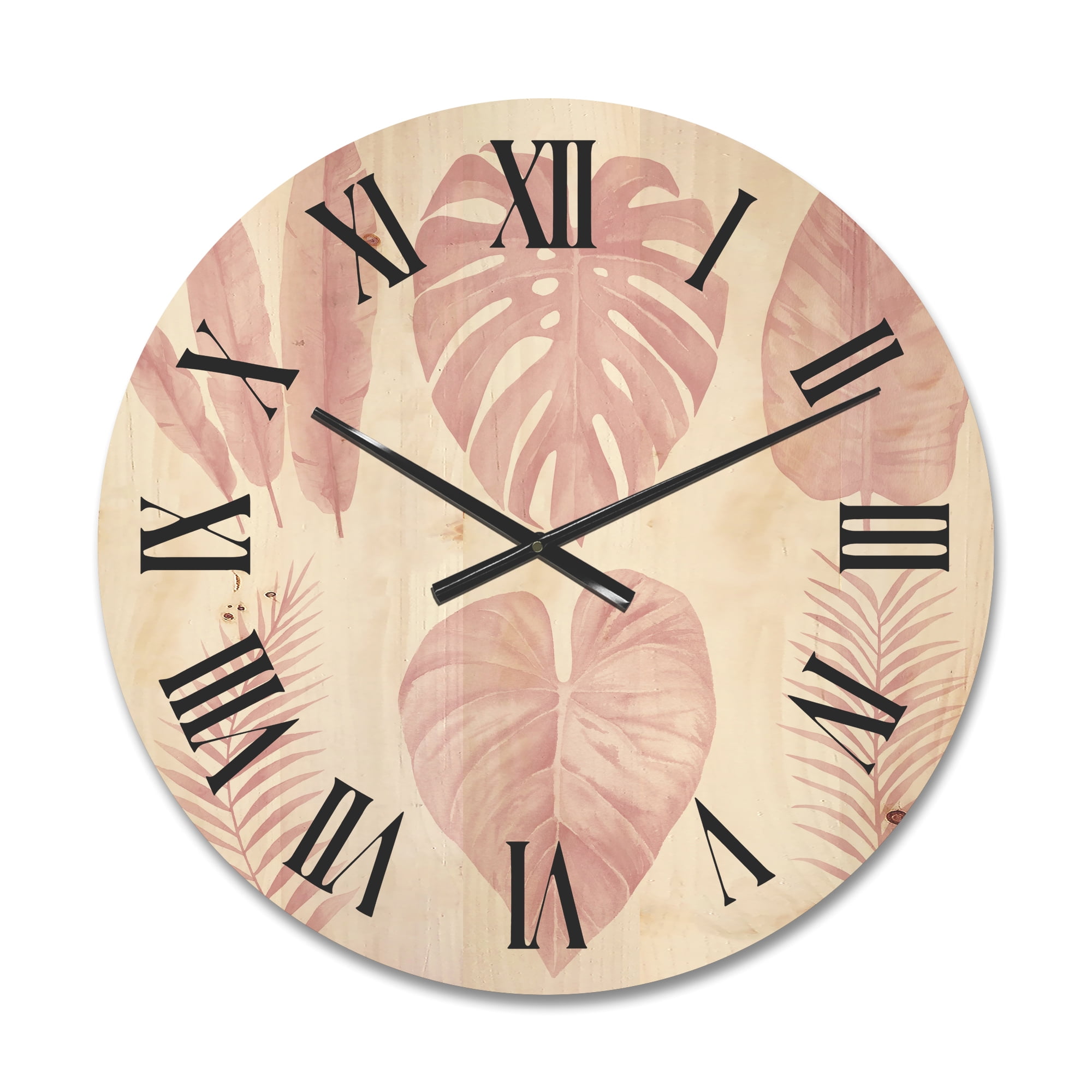 Designart 'Tropical Pink Watercolour Leaves On White I' Shabby Chic Wood Wall Clock