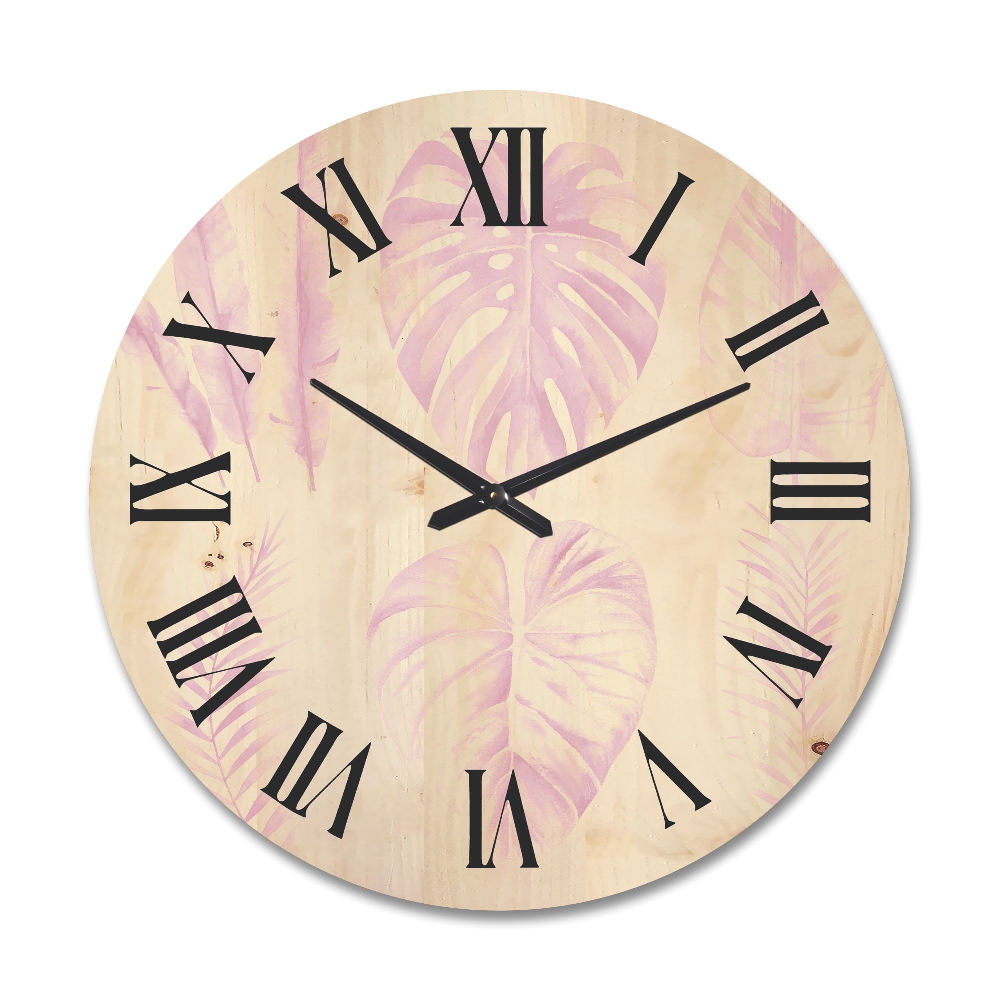Designart 'Tropical Pink Watercolour Leaves On White I' Shabby Chic Wood Wall Clock