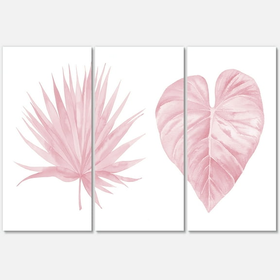 Designart ' Tropical Pink Watercolour Leaves On White II ' Shabby Chic Canvas Wall Art Print