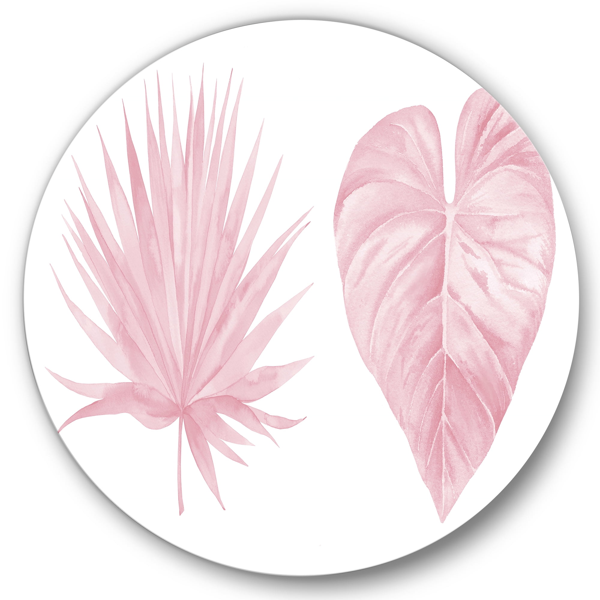 Designart 'Tropical Pink Watercolour Leaves On White II' Shabby Chic Circle Metal Wall Art 36x36 - Disc of 36