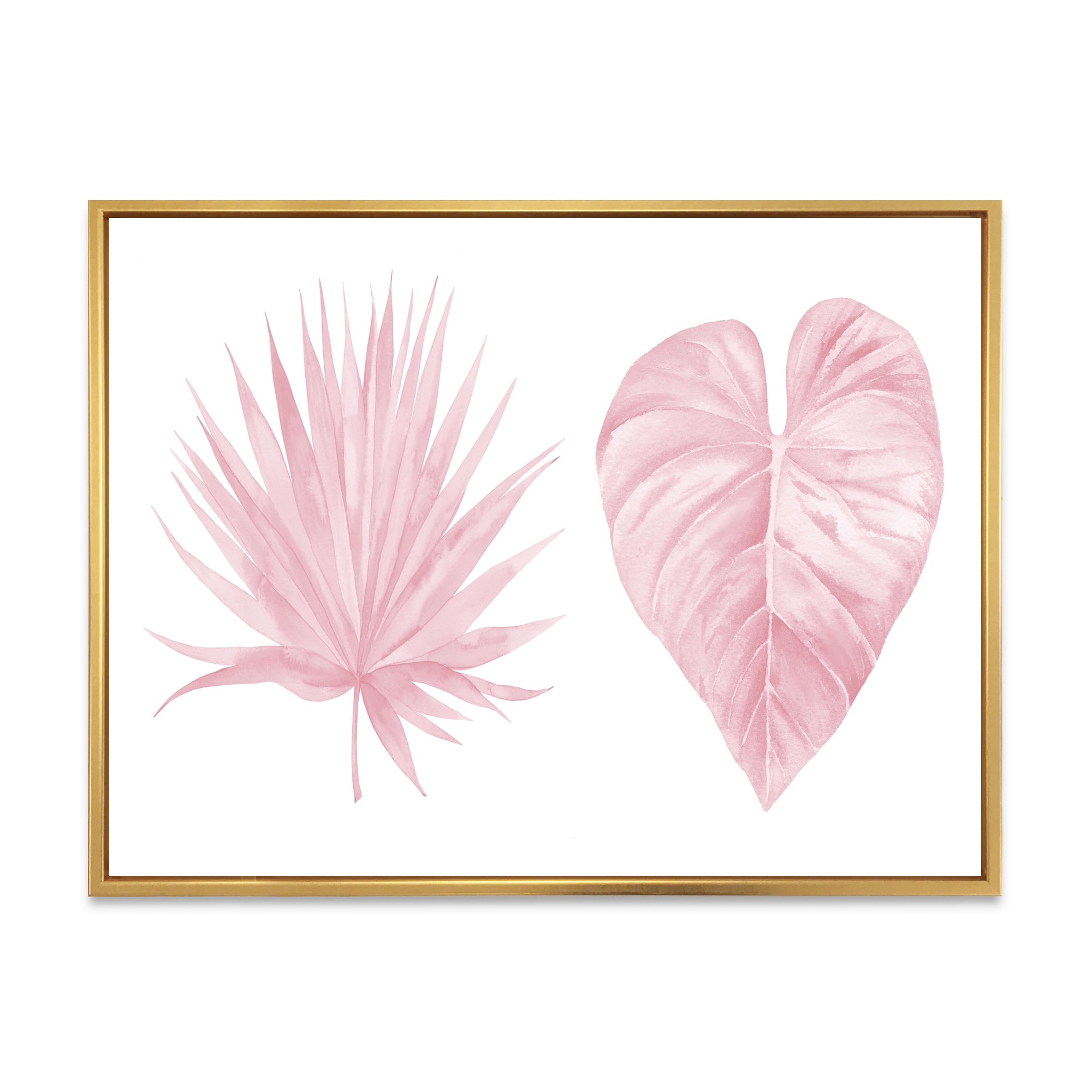Designart 'Tropical Pink Watercolour Leaves On White II' Shabby Chic Framed Canvas Wall Art Print
